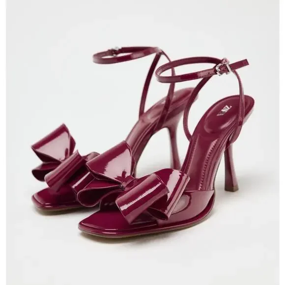 ZARA Red Embellished Heels NWT | Maxi Bow Strap Patent Finish - Picture 16 of 16